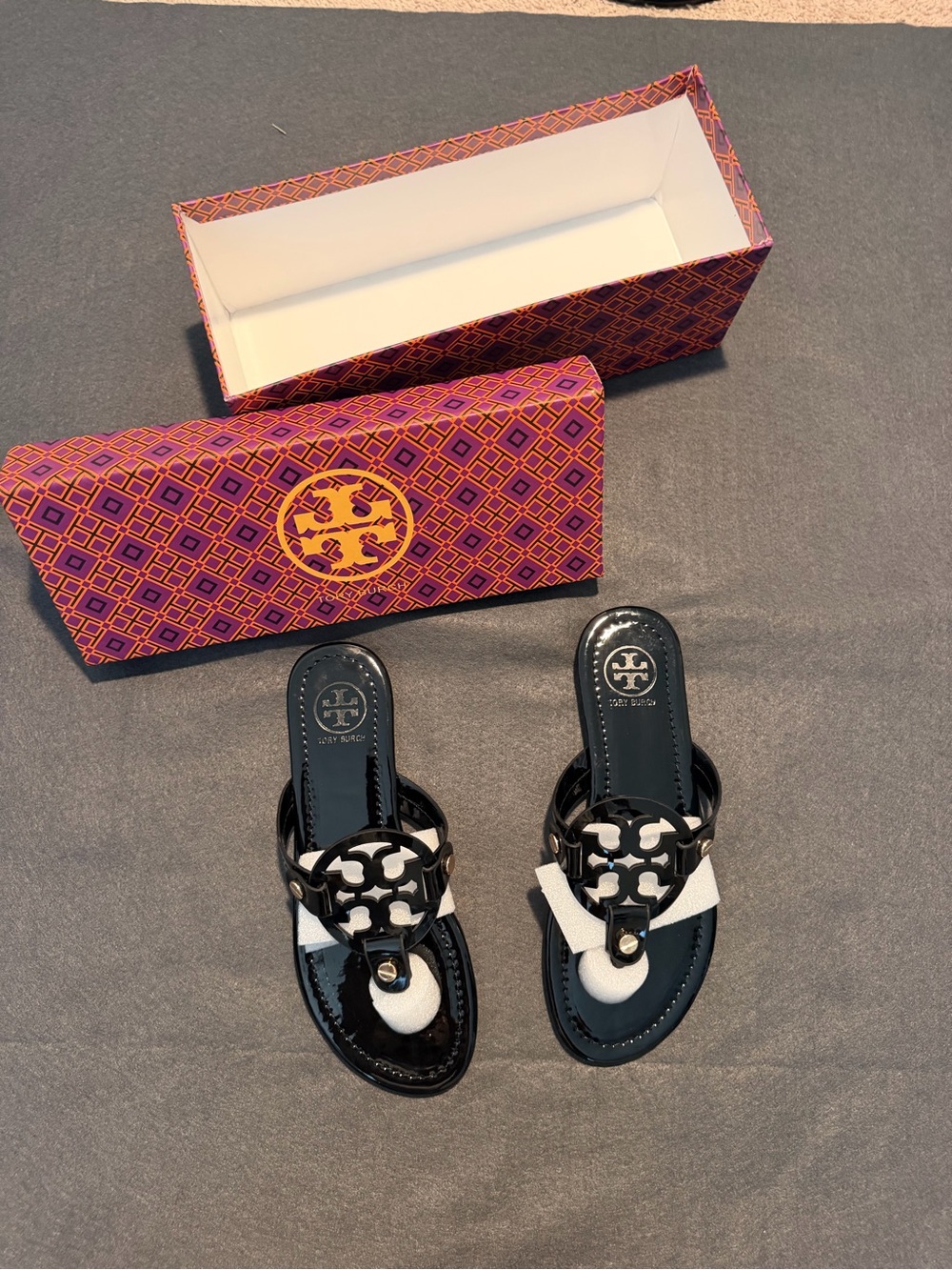 Tory Burch Black Patent Logo Slide Sandal